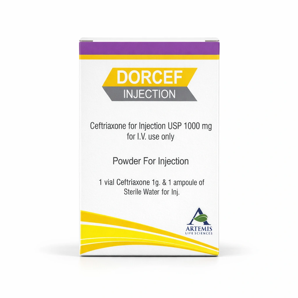 Dorcef Injection Ceftriaxone for Injection USP 1000 mg Powder for Injection x 1 vials + 1 ampoule sterile water